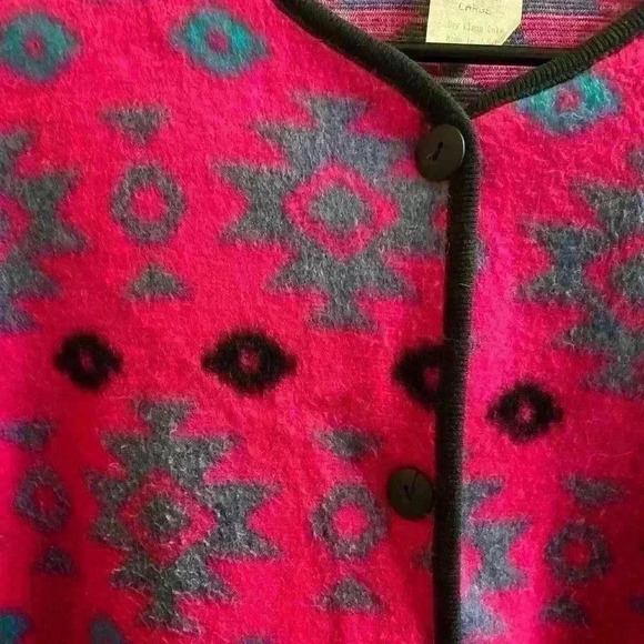 Vtg 80s David Wayne Neon Pink Aztec Southwest Print Cropped Fleece Cardigan Sz L - Picture 6 of 9